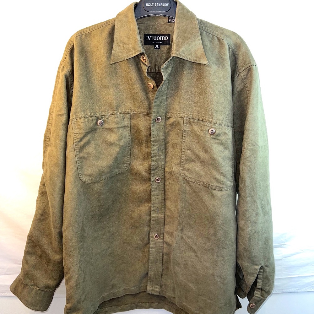 Vintage 'V Uomo' Micro Suede Button Up Shirt - Cropped/Japanese Medium - Unisex